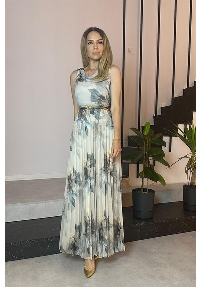 Ges Moda G0621 Kemer Detaylı Piliseli Şifon Elbise Bej-bej Bej