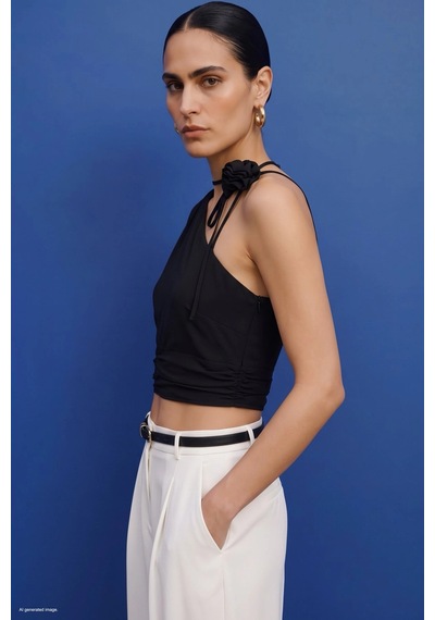 Sateen Çiçek Detaylı Bluz Siyah
