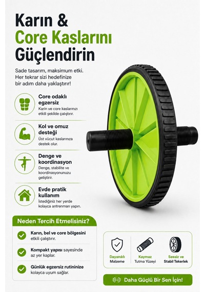 Karın Egzersiz Tekerleği Ab Wheel Karın & Core Kas Çalıştırıcı Pilates Fitness Aleti Yeşil