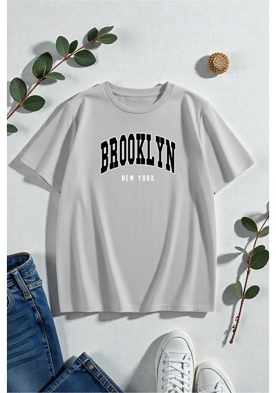 Uyguntarz Unisex Brooklyn New York Baskılı Tasarım Tshirt Gri