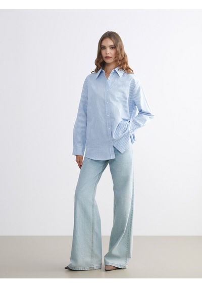 Lcw Modest Mavi Çizgili Oversize Kadın Gömlek Tunik Xl-2xl