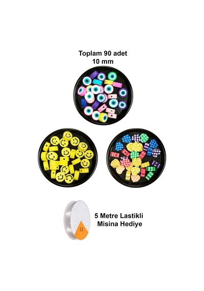 90 Adet 10 Mm Polimer Kil Fimo Boncuk Takı Bileklik + 5 Metre Misina  - Smile - Kalp - Nazar