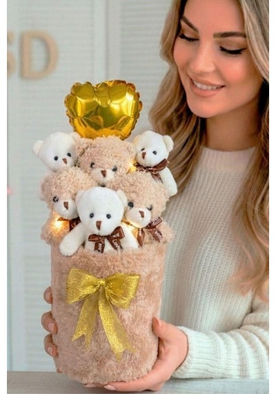 Deluxe Krem Peluş Silindir Kutuda, Led Işıklı Kalpli Balonlu 6 Lı Boz Ayıcık Buketi - Sevdiğine Hediye