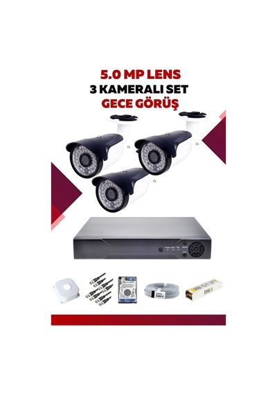 3 Kameralı Set - 5mp Sony Lensli Full Hd Gece Görüşlü Güvenlik Kamerası Sistemi - Wg5ır4vrh6
