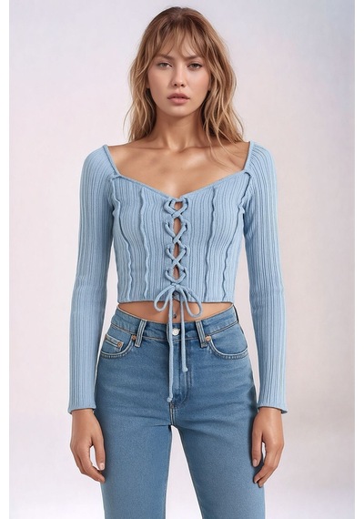 Mamayaga Kadın Yuvarlak Yaka Önden Bağcıklı Uzun Kol Fitilli Crop Boy Spor Şık Bluz Buz Mavisi Mamayaga Kadın Yuvarlak Yaka Önden Bağcıklı Uzun Kol Fitilli Crop Boy Spor Şık Bluz Buz Mavisi