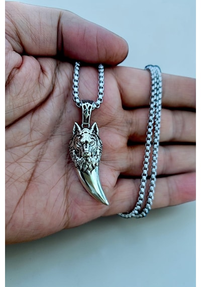 Ak Store Silver Gümüş Kaplama Krom-Çelik Erkek Kolye Madalyon Kurt Dişi Üzerine Bozkurt İşleme