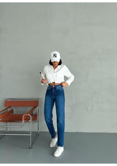 Zeo Basic Likralı Mom Jean Koyu Mavi Taşlamalı Koyu Mavi Taşlamalı