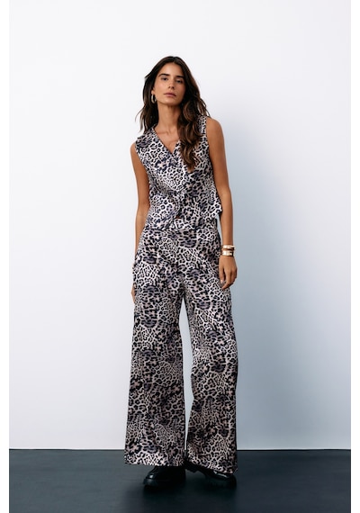 Sateen Leopar Desenli Saten Pantolon - Gri-135185 Gri