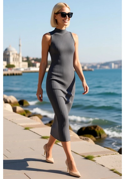 Benerly Kadın Kolsuz Dik Yaka Vücuda Oturan Maxi Örme Elbise Gofre Dokulu Antrasit