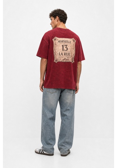 Respire Erkek Marseille Baskılı Yıkamalı Oversize T-shirt Bordo