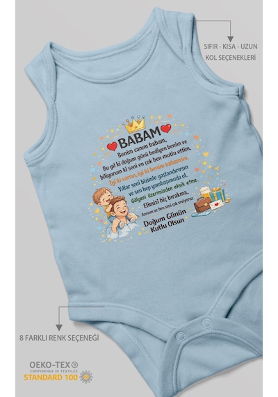 Morivokids Babam Doğum Günün Kutlu Olsun Sıfır Kollu Bebek Zıbını %100 Pamuk Bebe Mavisi