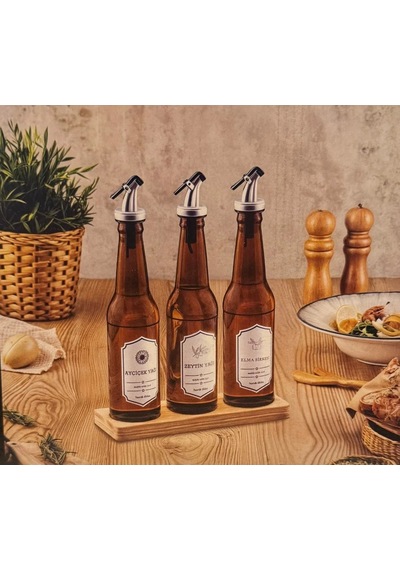 Hasırevim Ahşap Standlı Yağlık - 3 Lü Pratik Kapaklı Yağlık - Sirkelik 350 Ml.