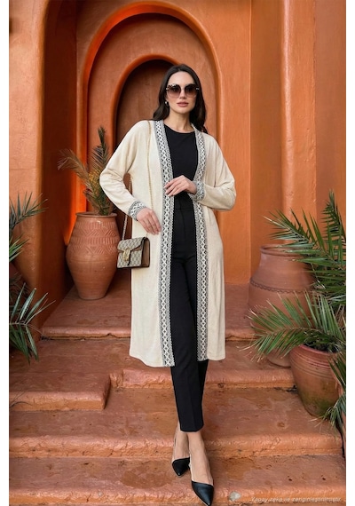 Lela Modest Regular Fit Bağlamalı Nakışlı Tesettür Uzun Kimono Bayan Hırka 5866173 Taş