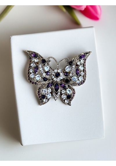 Black Diamond Swarovski Taşlı Kelebek Broş Mor