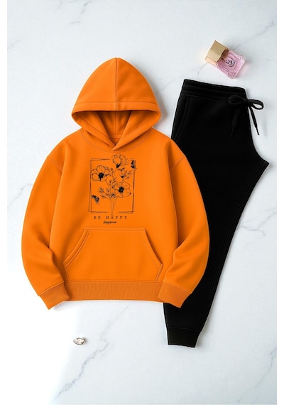 Uyguntarz Unisex Be Happy Baskılı Oversize Sweatshirt Takım turuncu