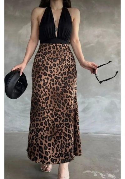 Green'dal Leopar Desenli Maxi Etek İç Göstermez Ve Şık Kahve Leopar