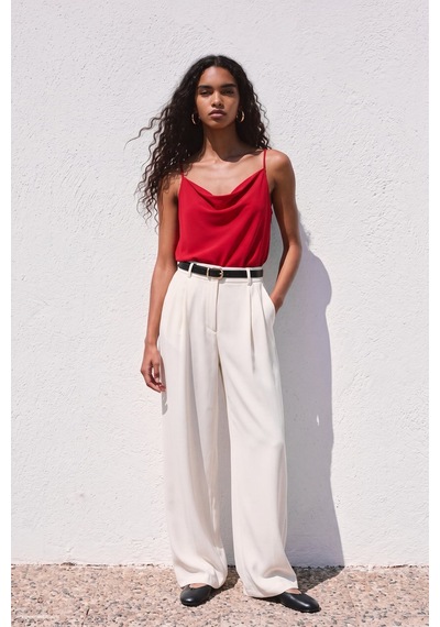 Sateen Askılı Degaje Yaka Bluz - Kırmızı-137665