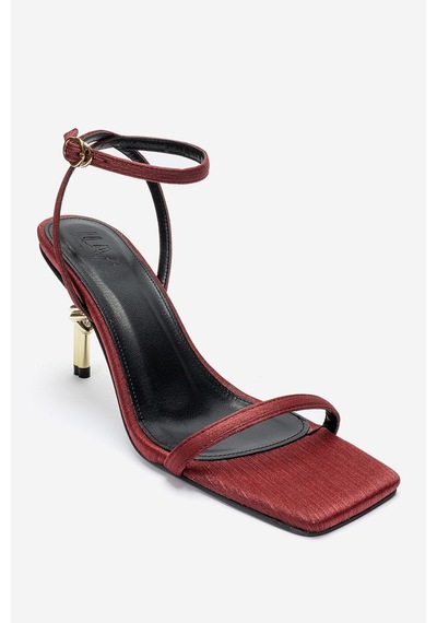 Luvishoes Sone Bordo Saten Gold Topuklu İnce Bantlı Kadın Topuklu Ayakkabı
