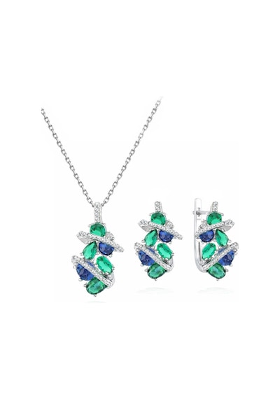 Brezza Lusso Jewelry Zümrüt Oval Taşlı Luxury Kadın Gümüş Kolye Küpe Set