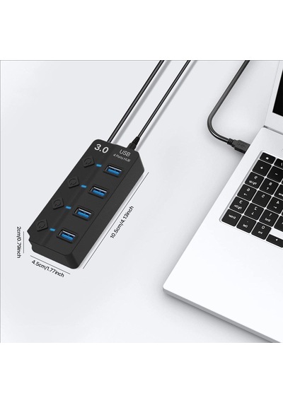 Onezero 1215 Bağımsız Şalterli 4 Portlu Güç Beslemeli Usb Hub Çoklayıcı 1x Usb 3.0 + 3x Usb 2.0 1.2 Metre Kablolu Masaüstü Dağıtıcı