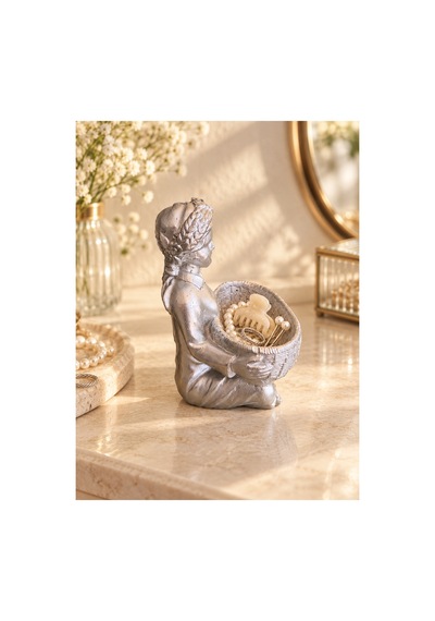 Altın Renk Kadın Figürlü Dekoratif Takı Ve Toka Sepeti Polyester Aksesuar Düzenleyici, 17 X 11 Cm Gümüş