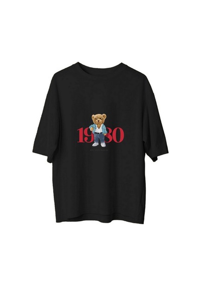 Paybuy Erkek Oversize Tişört %100 Pamuk Retro Grafik Baskılı Ayı Desenli Siyah