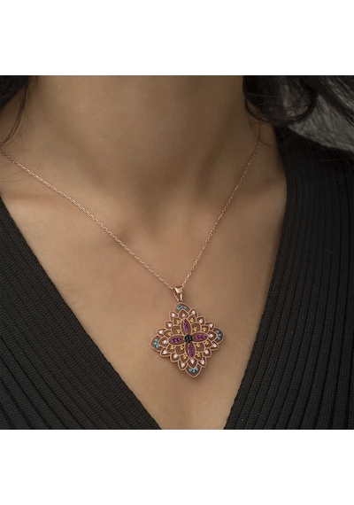 925 Ayar Gümüş Rose Etnik Desenli Madalyon Kolye Gri