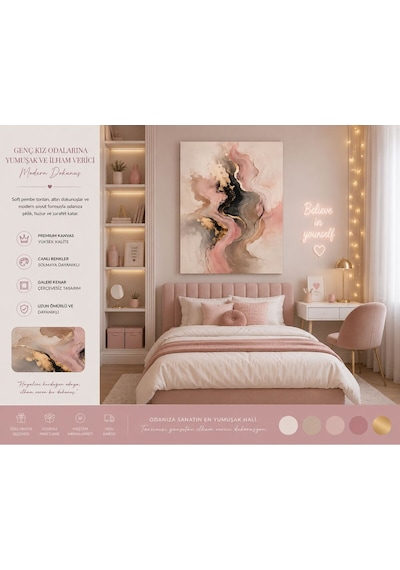 Premium Soft Pembe & Altın Dokulu Soyut Kanvas Tablo Modern Lüks Duvar Dekoru Genç Kız Odası, Yatak Odası, Salon Ve Çalışma Odası Dekorasyonu