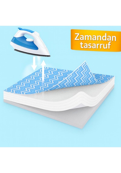 Ütü Masası Kılıfı Keçeli Mavi Zikzak Desen Battal Boy Xxl Pamuklu Yanmaz Üretim Beyaz - Mavi