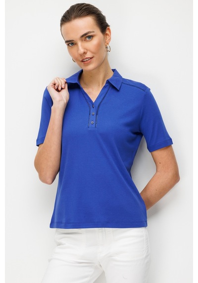 Kadın Polo Yaka İğne İşlemeli Pamuklu Penye T-shirt Sax Sax
