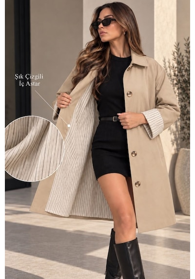 Desenli Astarlı Oversize Kadın Bej Trençkot- Premium Kalite,su Geçirmez
