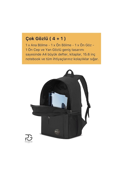 Pologrand London Orijinal Unisex Geniş Hacimli Çok Gözlü Su Geçirmez Lise Ortaokul İlkokul İçin Büyük Okul Çantası Siyah