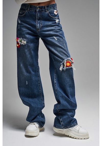 Itsbasic Kadın T.kot Rengi Etnik Gül Desenli Loose Fit Tasarım Denim Jean Motifli Tint