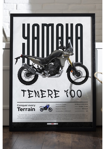 Yamaha Tenere 700 Siyah Ahşap Çerçeveli Poster, Dekoratif Motosiklet Duvar Tablosu