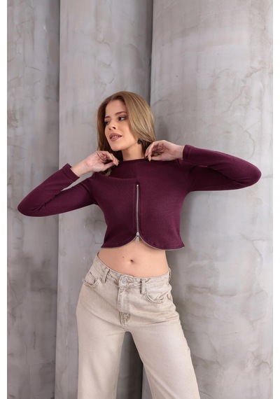 Ckm Moda Mira Selanik Oval Fermuar Bluz Bordo