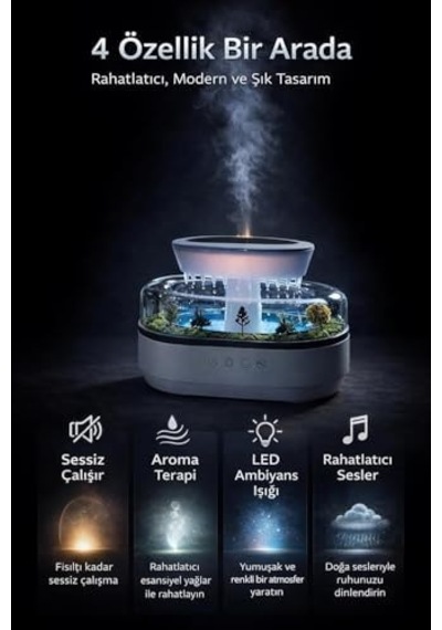 Yağmur Damlası Efektli Hava Nemlendirici Ve Aroma Difüzör, Doğa Ses Modları, Led Ambiyans Işıklı, Sessiz Çalışma, Buharlı Nemlendirici Buhar Makinesi, Dekoratif Tasarım Yapay Teraryum Tasarımı