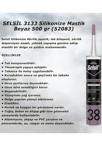 Selsil Silikonize Mastik Beyaz 500 Gr, 10 Adet Selsil Silikonize Mastik Beyaz 500 Gr, 10 Adet