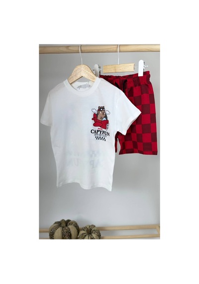 Poala Kids Kırmızı Damalı Şort Takım Çok Renkli