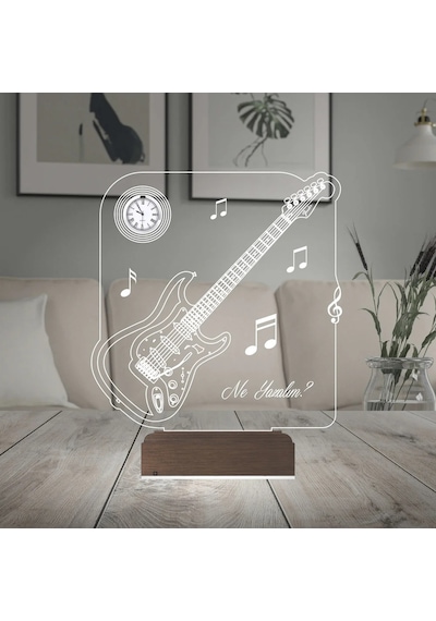 Luvivia Elektro Gitar Müzik Nota Müzisyen Kişiye Özel Metal Saatli 3d Lamba - Masa Gece Lambası Şeffaf