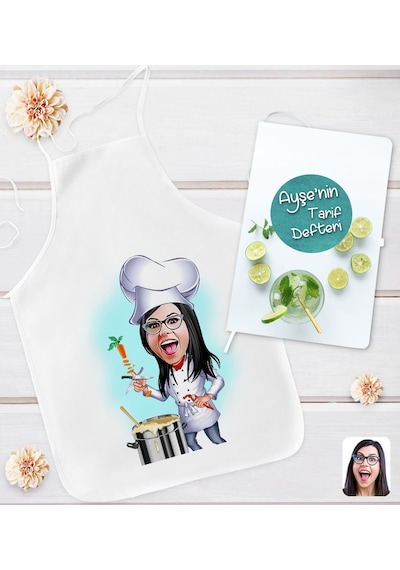 Bk Gift Kişiye Özel Karikatürlü Aşçı Anne Tasarımlı Mutfak Önlüğü Ve Yemek Tarif Defteri Hediye Seti-4, Anneye Hediye, Anneler Günü Hediyeleri