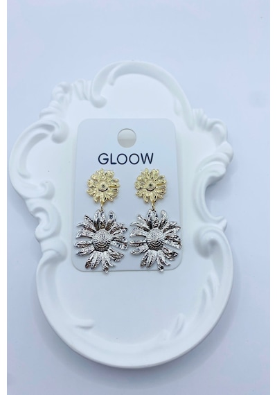Demokan 6 Cm İki Ayçiçeği Sallantı Küpe Gold - Gümüş