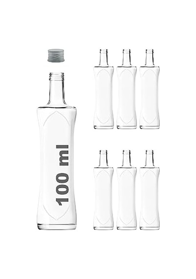 Afracam 100 Ml Şeffaf Piramit Sosluk 100 Cc Kapaklı Kavisli Cam Şişe 6 Adet Gümüş Metal 7009