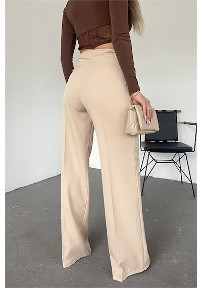 Neşeli Butik Kadın Bej Bol Paça Palazzo Kumaş Pantolon Qns036 Bej