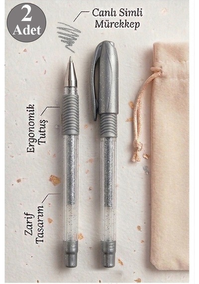 Gümüş Gri Simli Jel Kalem 1.0mm 2 Adet Akıcı Yazım Pensan Simli Jel Kalem Tükenmez Simli Kalem Simli Pilot Kalem Canlı