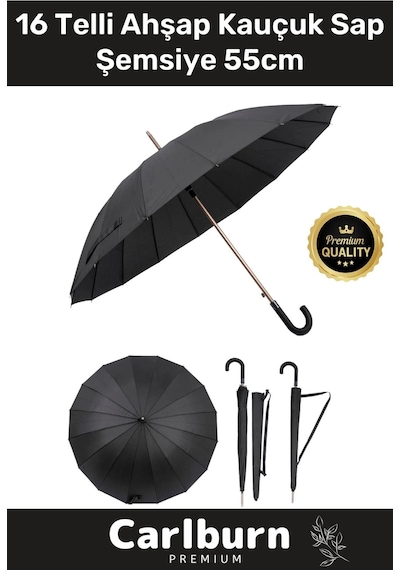 Otomatik Mekanizma Baston Tip Rüzgar Korumalı Fiber 16 Telli Ahşap Kauçuk Sap Şemsiye 55cm Çok Renkli