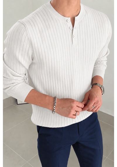 Genius Store Erkek Fitilli Henley Yaka Triko Kazak Regular Fit Düğmeli Kazak Henley-yaka Beyaz