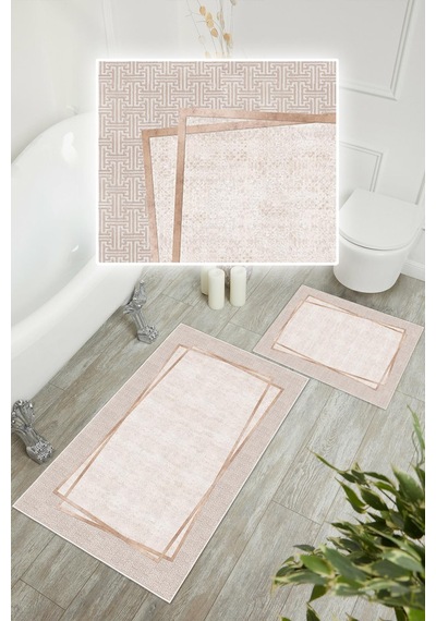 Dijital Baskı Çerçeveli Kaymaz Taban 2li Set Banyo Paspası Klozet Takımı 50x60cm-60x100cm Bej