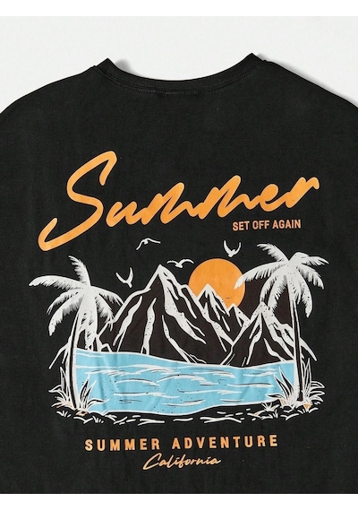 Unisex Siyah Oversize Summer Baskılı Örme T-shirt Siyah