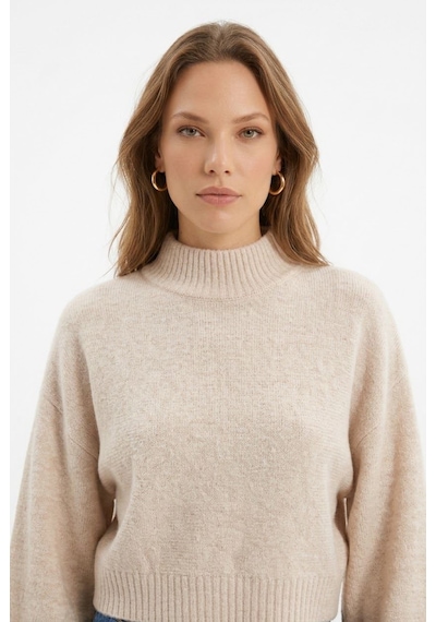 Neden Tekstil Kadın Crop Fit Bej Balıkçı Yaka Triko Kazak