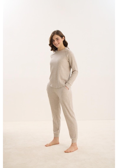 Sevim Kadın Uzun Kol Bej Mlelanj Pijama Takım C5t7n0o61 001